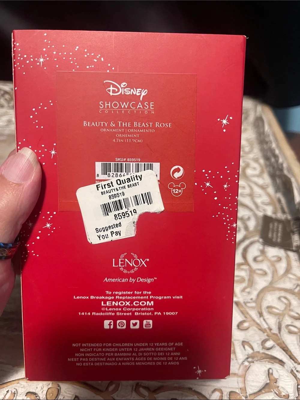 Lenox Beauty and the Beast Rose /Ornament in Packaging